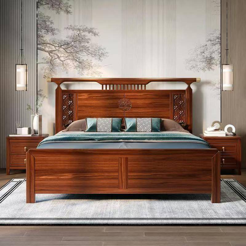 新中式乌金木实木床1.5米卧室1.8米双人婚床现代简约家具2米轻奢