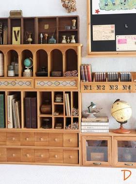 ALI杉6叁复古桌面收纳盒抽屉整式木质置物柜手账文XHI桌具画笔书