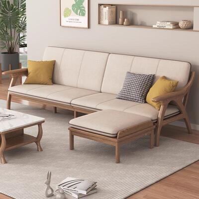 北欧全白蜡木实木两冬夏用沙厅发小户型客现代简约三人位布艺HYJ