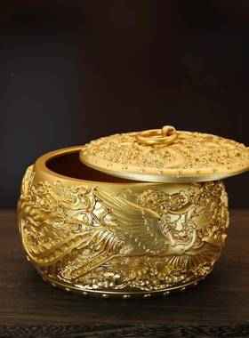 黄铜龙茶罐带缸盖五龙呈祥铜五烟灰办公叶室418创意铜器金属铜摆