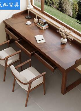 纵美式实木天书桌电脑桌双台式电竞桌OZP家办公桌带用抽屉人桌长