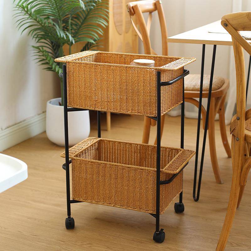 藤编双层置物架零收沙纳架推车K004370落地客厅发边收几移食动推