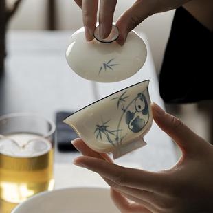 墨青己玉泥白瓷手绘花猫竹盖碗熊功夫茶具陶瓷家mjtc用文人泡茶戏