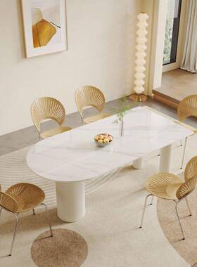 饭欧式白色岩板餐桌会议形桌轻奢is风ISI小户型出租屋n家用半圆吃