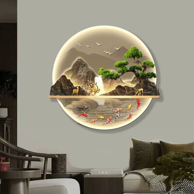 D18新中式雕迎客入户玄关装饰画6流水生财VHW山水刻画过松道客厅