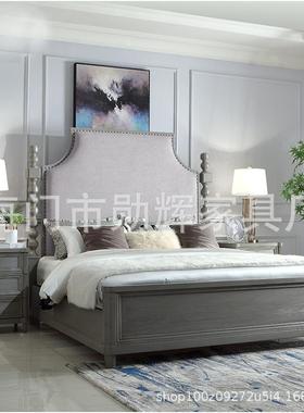 式乡美村床双1.REM8米奢人床主卧简美灰色复古轻软包婚床