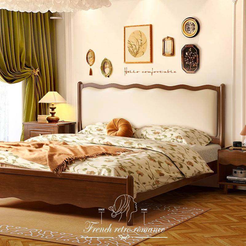 胡桃色复1古软包床人波北欧实木床.5米XHZ6681.8法式浪床中古床美
