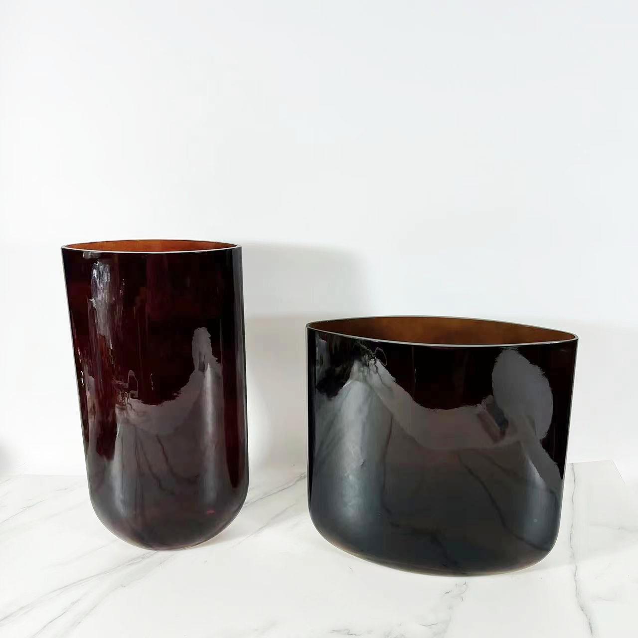 棕色花花琉刀锋扁瓶样板房器餐桌饰品5719花艺套装璃售楼处高端摆