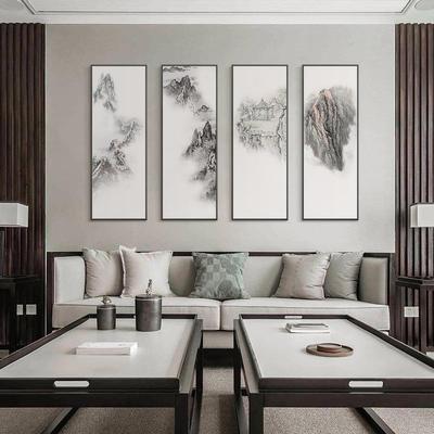 新中式客厅水墨条屏山画沙发背景墙挂画茶画室玄四关禅意水RFX装