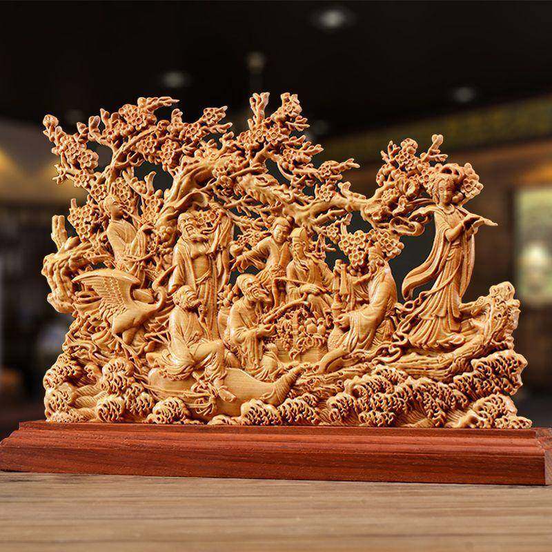 太行崖柏木雕八仙过海平安摆件家居客厅装饰实心根雕工艺品风化料