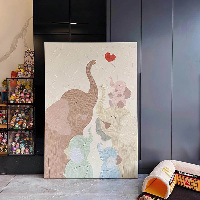 温馨大象全家福肌理感装饰画小众艺术挂画客厅入户玄关书房墙壁画