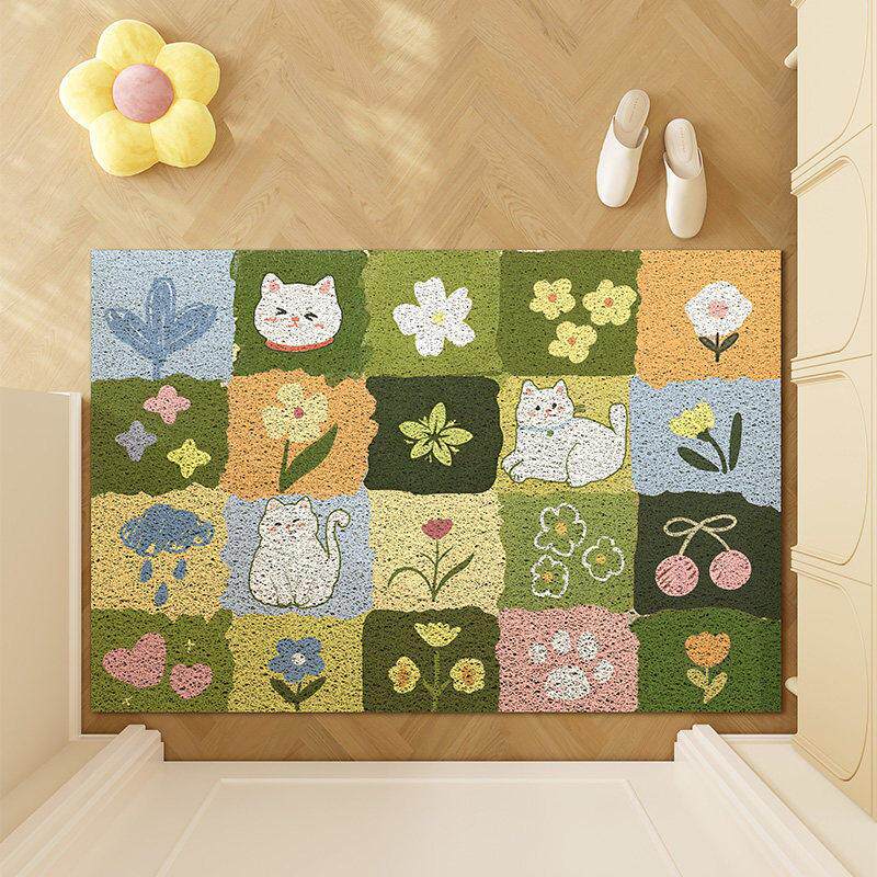 耐磨家用清新猫猫入户门地垫丝圈防滑脚垫门口玄关地毯进门可裁剪