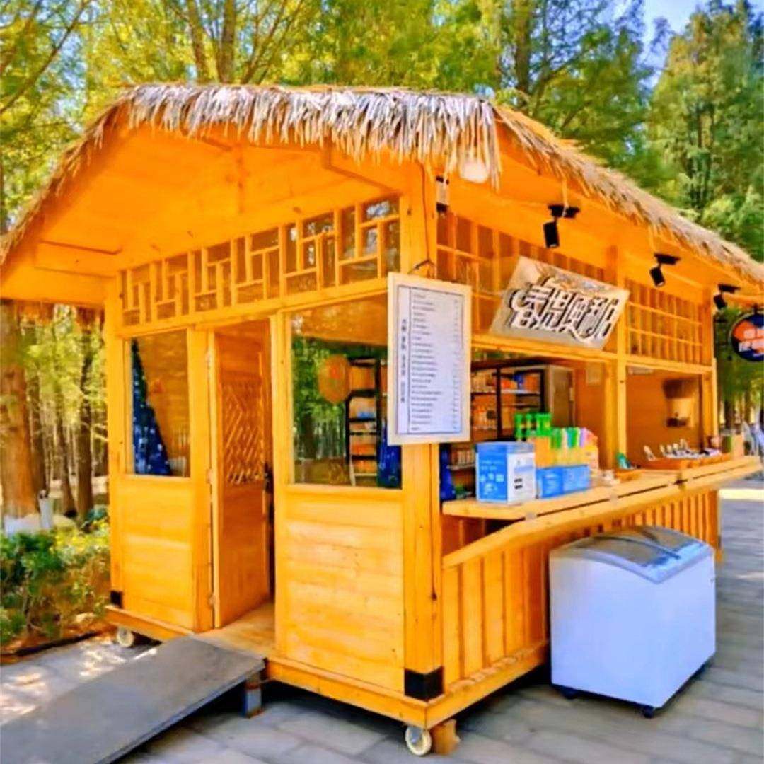防腐木木屋仿古实木庭院网红茅草屋户外景区新中式移动摆摊售货亭