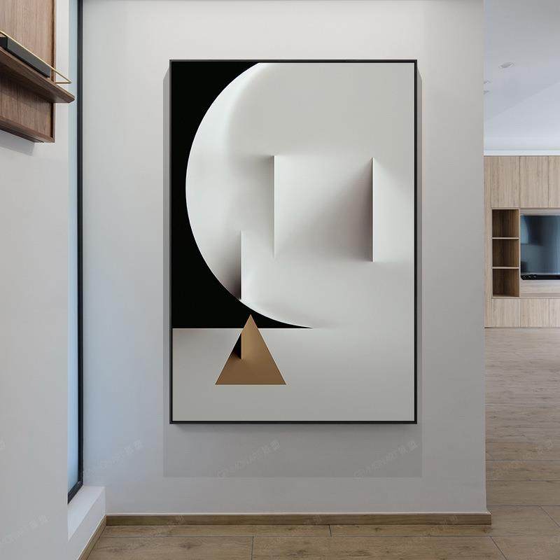 现代简黑白抽象约抽样象几何入门关入室玄装饰画客厅过间道竖版极