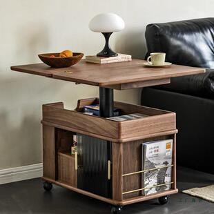 随意停降可移升ROJ动推车几茶黑桃木折叠功能沙发胡床头边柜实木