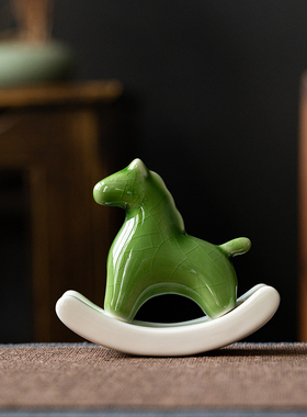 摇摇马陶瓷动物茶宠摆件开片冰裂精品可养创意茶室茶玩茶几装饰品