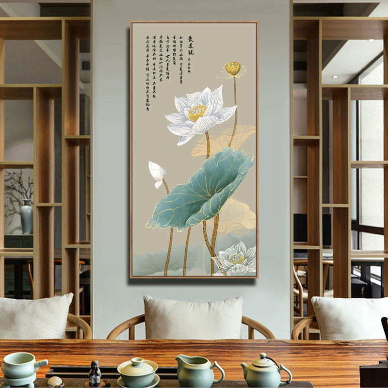 入户玄关荷花装饰画走廊过道背景墙高档镶钻晶瓷画竖版新中式挂画