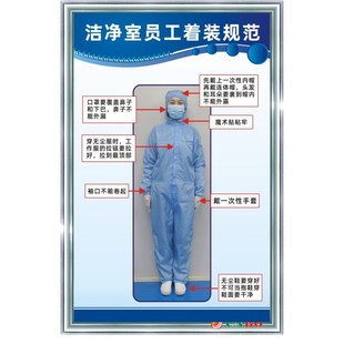 蓝色连体服洁净室员工着装 食品厂卫生管理制度标语牌标识牌 规范