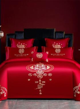 高档奢华中式刺绣婚庆四件套大红色床单被套结婚床上用品厂家