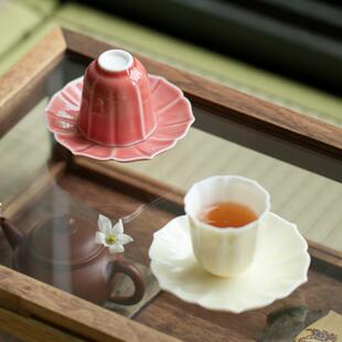 缤纷花瓣茶具德化白瓷单个带壶承色釉月光白桃花主人杯品茗杯家用