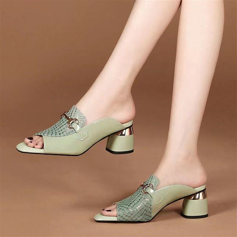 真皮凉拖鞋女夏外穿粗跟2024新款软底中跟鱼嘴大码一字带半拖凉鞋,女鞋,一字拖,淘宝优惠券,粉丝福利购,淘宝优惠卷