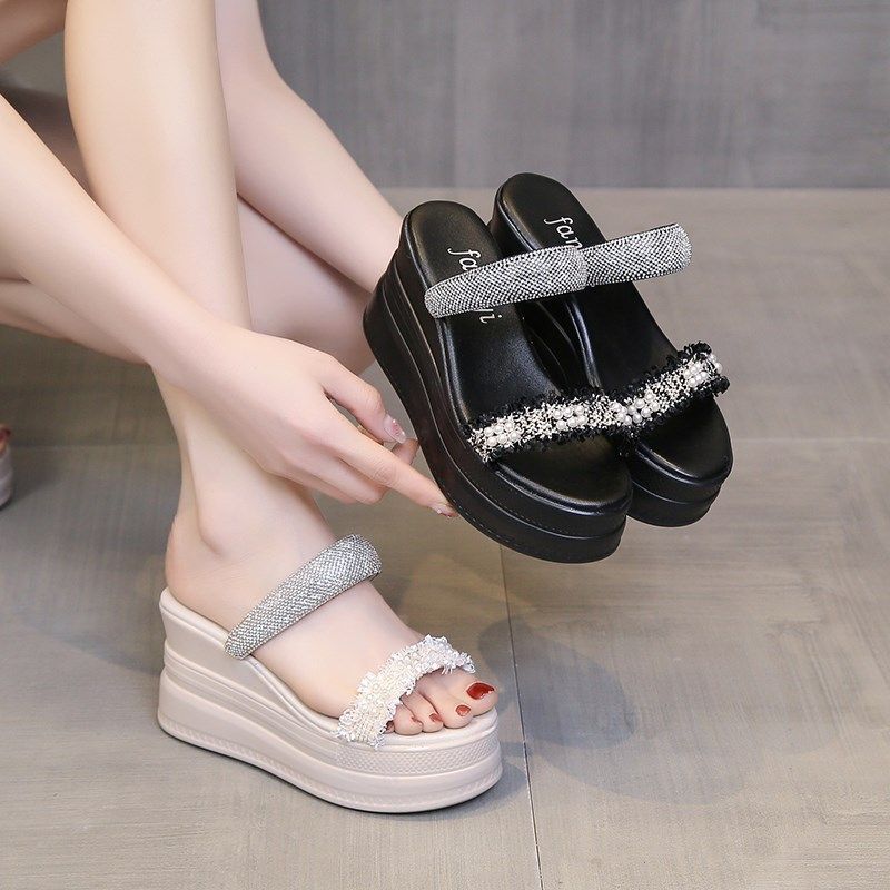拖鞋女夏季外穿2025年新款网红百搭小个子珍珠水钻厚底增高一字拖,女鞋,一字拖,淘宝优惠券,粉丝福利购,淘宝优惠卷