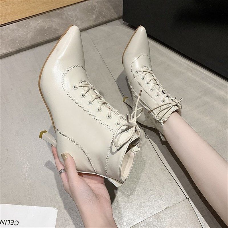 时尚交叉绑带细跟马丁靴子2024年冬季新款通勤工作尖头高跟短靴女,女鞋,时装靴,淘宝优惠券,粉丝福利购,淘宝优惠卷