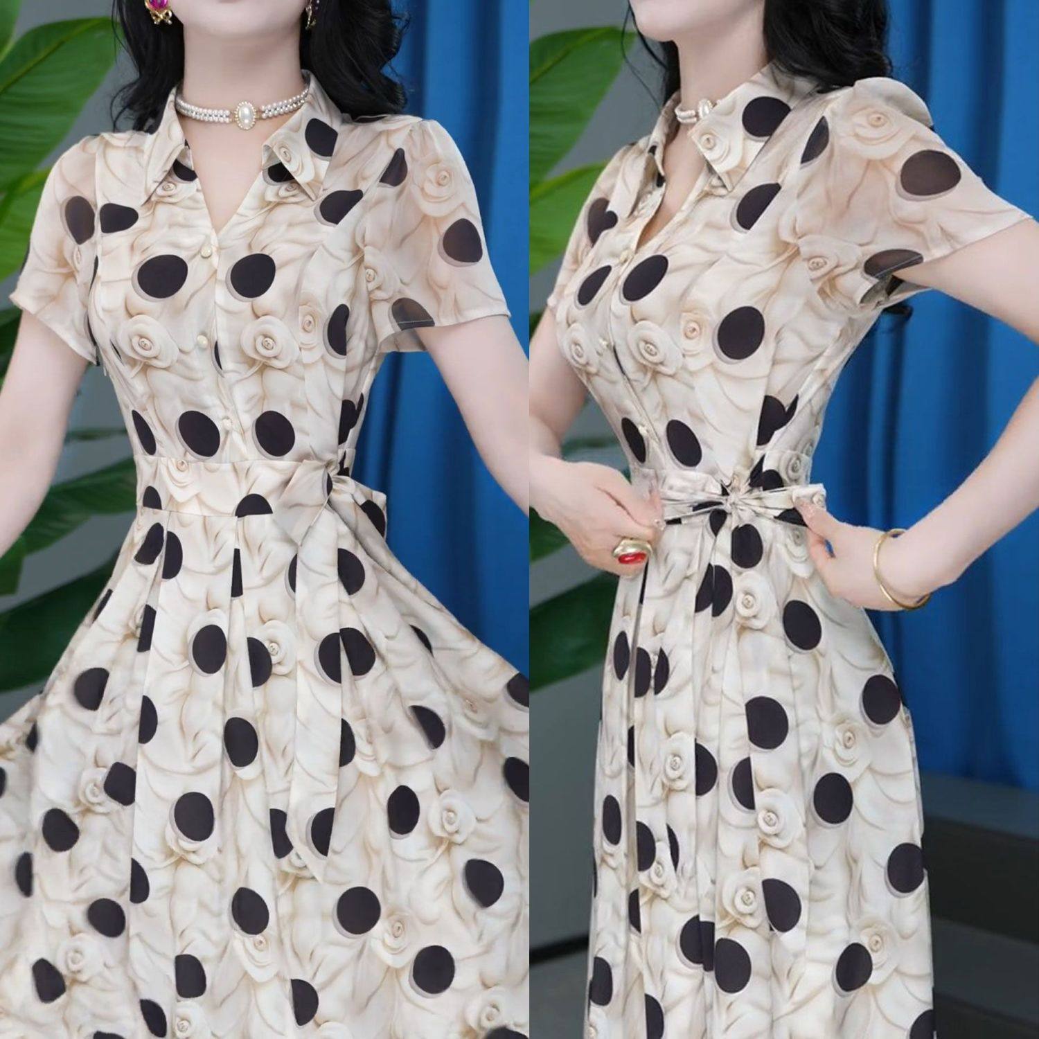 2024夏季新款时尚不规则印花连衣裙女气质减龄系带收腰显瘦中长裙,女装/女士精品,连衣裙,淘宝优惠券,粉丝福利购,淘宝优惠卷