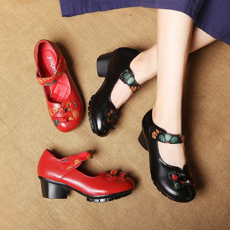 中老妈妈鞋真皮复古民族风女鞋跳舞鞋中跟粗跟年防滑软底单鞋浅口,女鞋,浅口单鞋,淘宝优惠券,粉丝福利购,淘宝优惠卷