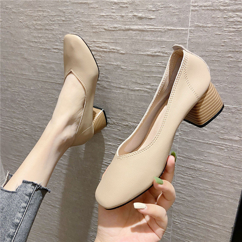 粗跟单鞋女真皮米色高跟鞋设计感小众软皮中跟职业工作鞋女鞋5CM,女鞋,浅口单鞋,淘宝优惠券,粉丝福利购,淘宝优惠卷