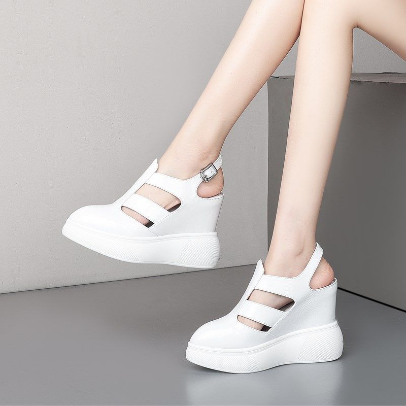 12CM厚底超高跟坡跟女鞋夏季真皮漆皮包头后空凉鞋休闲松糕小白鞋,女鞋,时装凉鞋,淘宝优惠券,粉丝福利购,淘宝优惠卷