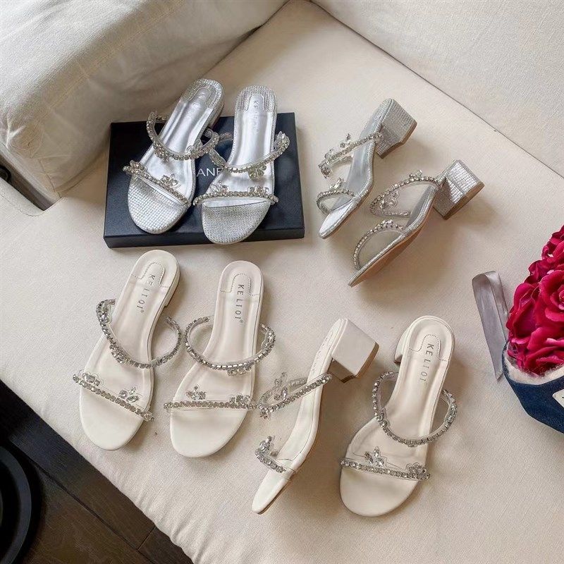 粗跟水钻高级感小凉拖鞋仙女鞋子外穿2022年新款夏季中跟银色凉鞋,女鞋,一字拖,淘宝优惠券,粉丝福利购,淘宝优惠卷