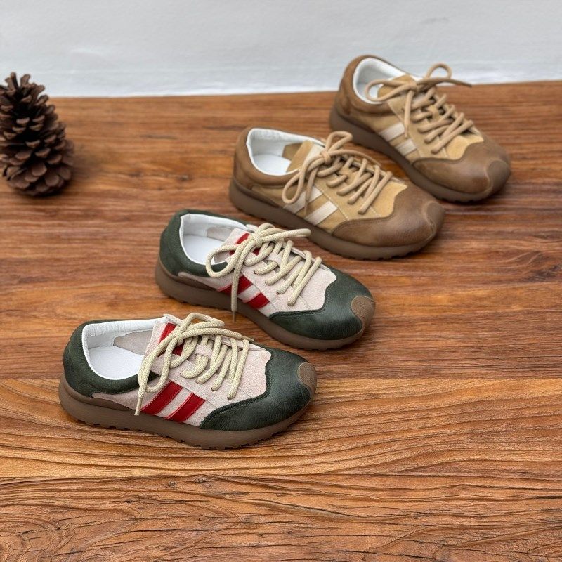 复古真皮拼色德训鞋24春夏款舒适休闲柔软低跟运动牛皮系带单鞋女,女鞋,时尚休闲鞋,淘宝优惠券,粉丝福利购,淘宝优惠卷