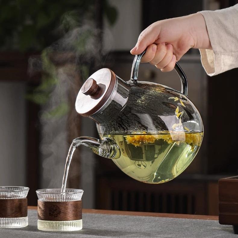 容量耐95热玻璃茶壶实木大盖子壶家单加用厚泡茶专用水壶大号冲茶
