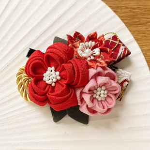 山鸟和色日系和风绉布发饰和服汉服头饰写真流苏发夹 红色
