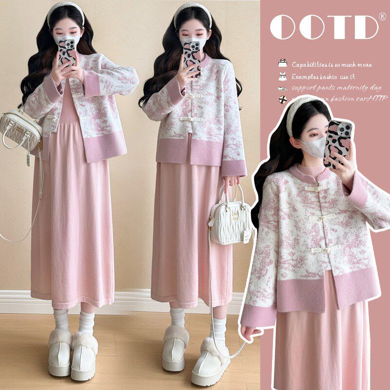 孕妇装秋装长袖针织连衣裙秋季印花开衫外套秋冬装新中式孕妇套装