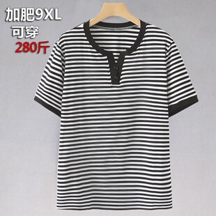t恤衫 短袖 加肥特大码 胖人妈妈夏装 条纹棉上衣 中老年女装 薄款 夏款