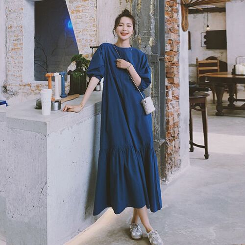 韩国2022夏季复古宽松大码蓝色泡泡袖鱼尾显瘦中长款连衣裙女潮