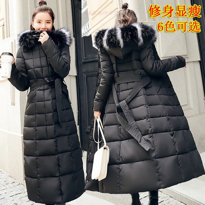 21秋冬过漆长款棉衣女棉袄修身加厚羽绒棉服大码腰带大毛领外套潮