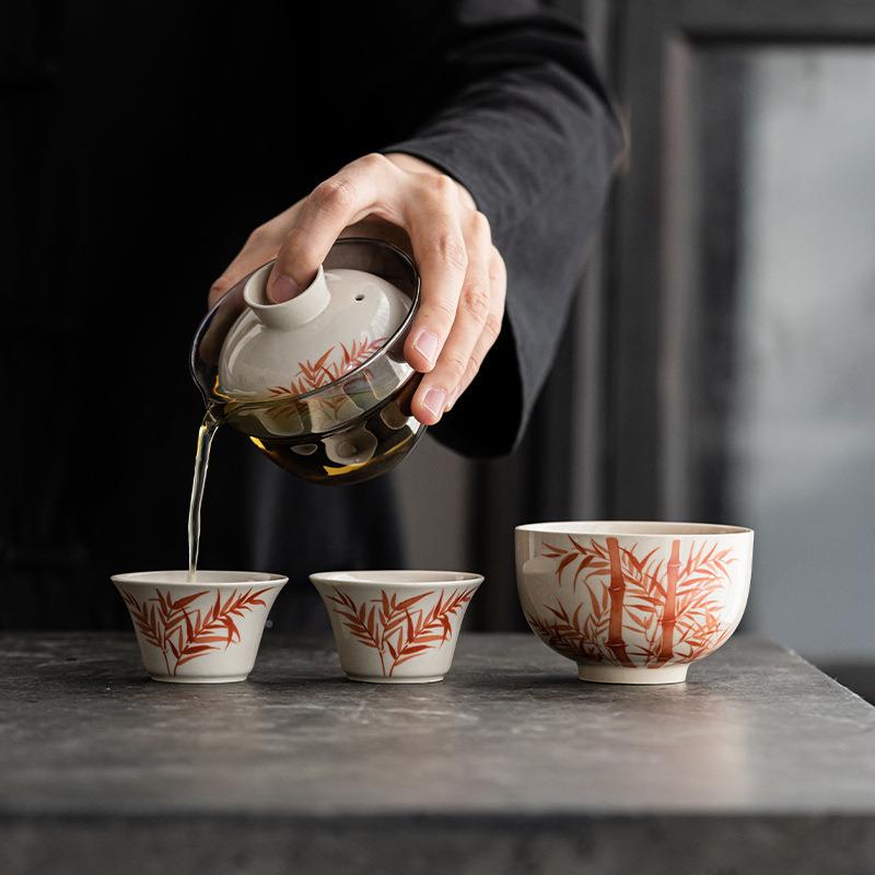 陶草便木灰旅行茶具套装客携式小套快杯瓷盖碗茶杯1T-CAOMU户外泡