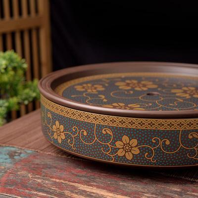 紫大号中式砂茶鎏金家用形TDG圆储水式陶瓷朱泥茶船茶台功盘夫茶