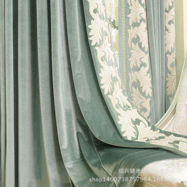 美丝梦莎意大绒花布室欧式激光绣利绿色卧窗帘布成971品遮光窗帘