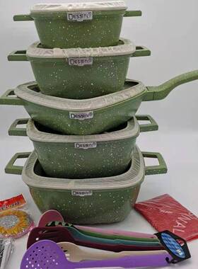 de套ssi25件套不粘锅方形n条i纹压铸铝锅麦饭石锅厨房88660组合锅