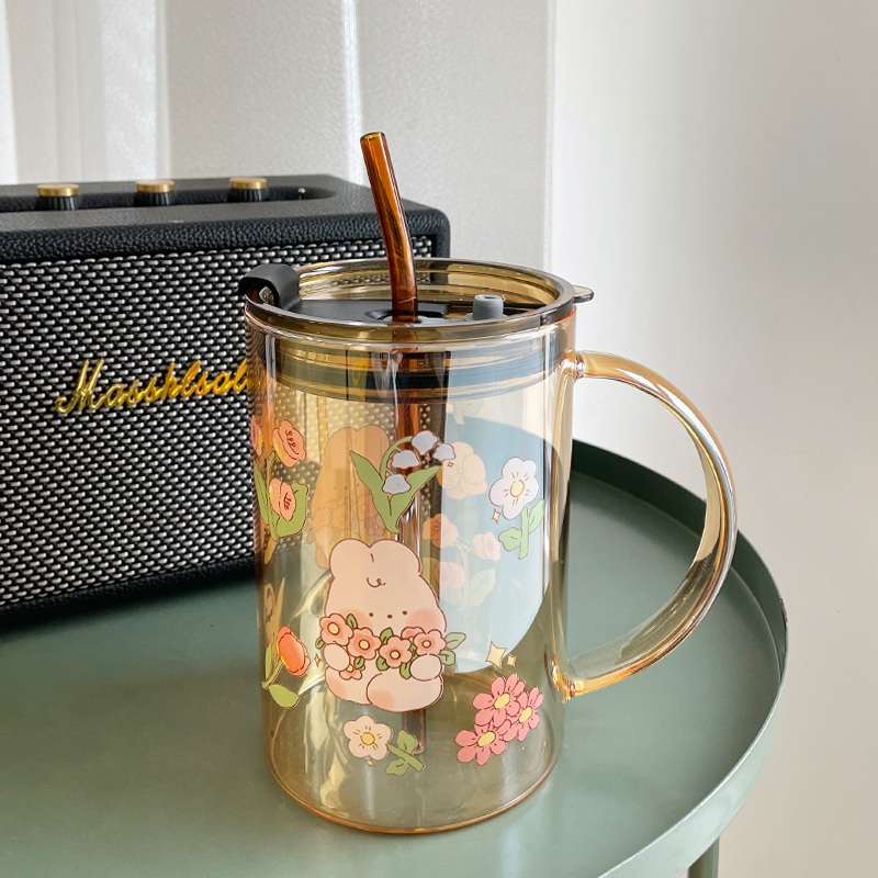 1000ml水杯大容量琥珀耐热玻璃杯学生喝水杯子带盖带吸管杯办公室