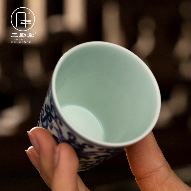 三勤堂功夫茶具茶杯手绘青花主人杯景德镇陶瓷花卉仙鹤直口杯单杯