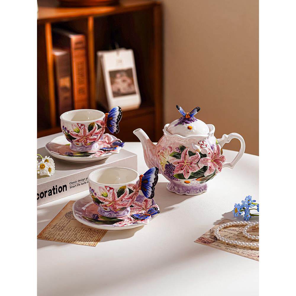 陶瓷百合杯盘茶壶装饰品创意家居庭浪漫花茶午REZ壶院庭家下茶