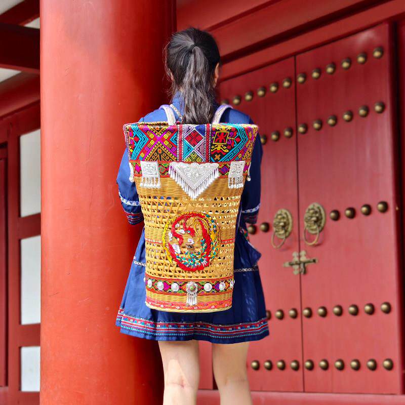 重庆苗族大艺号篓背竹编铃铛婴儿YIH小孩后背式家手工成人用背篼