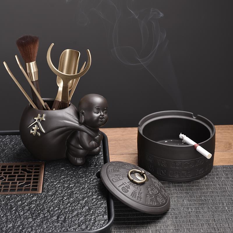 隐茶缘黑檀木茶道六君子套装大全泡茶工具紫砂烟灰缸功夫茶具配件
