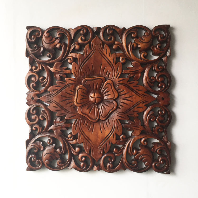 中式实木雕花片泰式方形墙面壁饰酒吧餐厅复古风格装修装饰画客厅