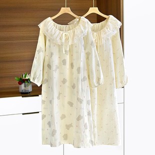 带胸垫睡裙纯棉纱布女甜美花边薄款家居长裙免文胸春夏秋宽松简约